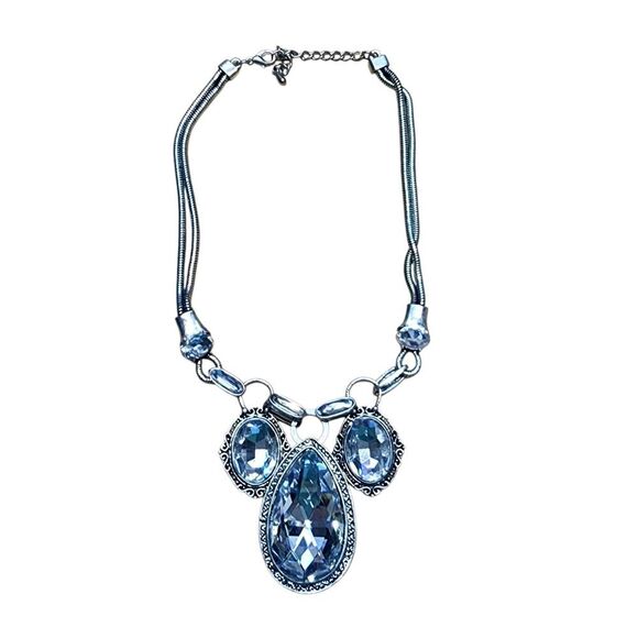 Double Strand Silver Clear Tear drop Statement Necklace - Picture 1 of 3